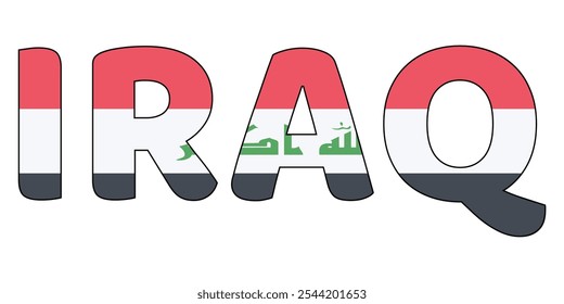 The country name IRAQ is displayed in large, bold letters. Each letter is filled with the colors and symbols of the Iraqi flag.