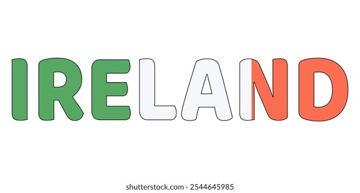 The country name IRELAND is displayed in large, bold letters. Each letter is filled with the colors and symbols of the Irish flag.