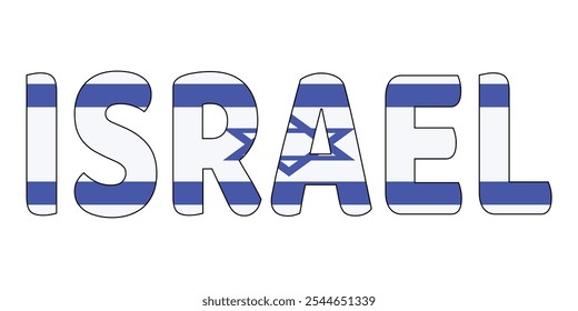 The country name ISRAEL is displayed in large, bold letters. Each letter is filled with the colors and symbols of the Israeli flag.