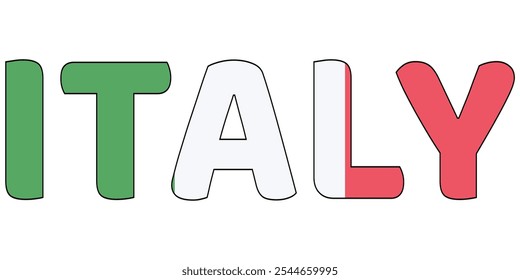 The country name ITALY is displayed in large, bold letters. Each letter is filled with the colors and symbols of the Italian flag..