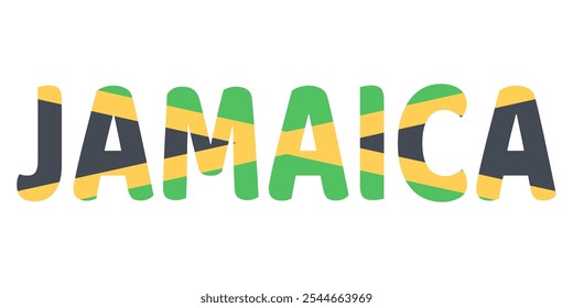 El nombre del país JAMAICA se muestra en letras Grandes y en negrita. Cada letra está llena de los colores y símbolos de la bandera jamaicana.