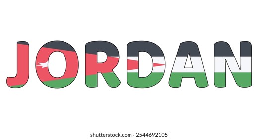 The country name JORDAN is displayed in large, bold letters. Each letter is filled with the colors and symbols of the Jordanian flag..