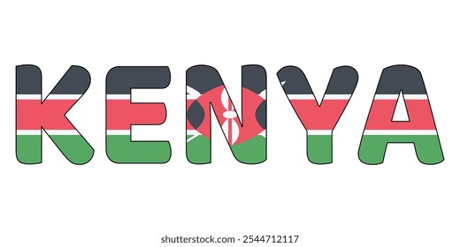 The country name KENYA is displayed in large, bold letters. Each letter is filled with the colors and symbols of the Kenyan flag.