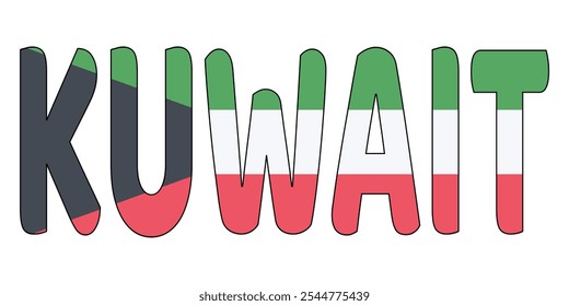 The country name KUWAIT is displayed in large, bold letters. Each letter is filled with the colors and symbols of the Kuwaiti flag.