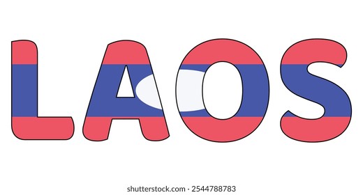 The country name LAOS is displayed in large, bold letters. Each letter is filled with the colors and symbols of the Laotian flag.