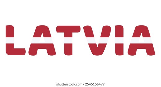 The country name LATVIA is displayed in large, bold letters. Each letter is filled with the colors and symbols of the Latvian flag.