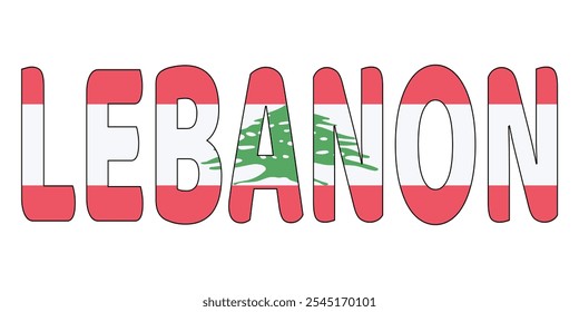 The country name LEBANON is displayed in large, bold letters. Each letter is filled with the colors and symbols of the Lebanese flag..