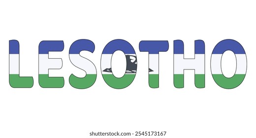 The country name LESOTHO is displayed in large, bold letters. Each letter is filled with the colors and symbols of the Lesotho flag.