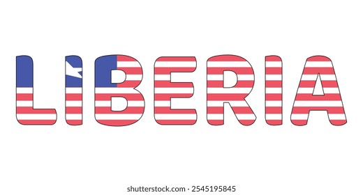 The country name LIBERIA is displayed in large, bold letters. Each letter is filled with the colors and symbols of the Liberian flag..