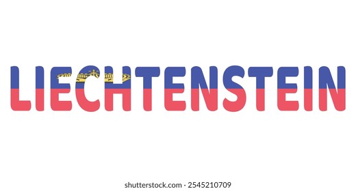 The country name LIECHTENSTEIN is displayed in large, bold letters. Each letter is filled with the colors and symbols of the Liechtenstein flag..