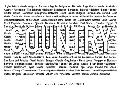 country name list in the background with the word 'country' in the front. black and white color.