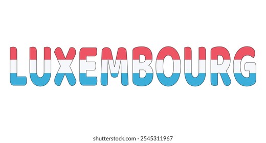 The country name LUXEMBOURG is displayed in large, bold letters. Each letter is filled with the colors and symbols of the Luxembourg flag.