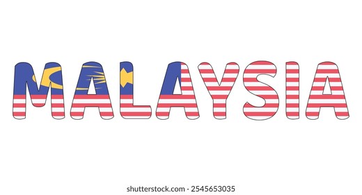 The country name MALAYSIA is displayed in large, bold letters. Each letter is filled with the colors and symbols of the Malaysian flag.