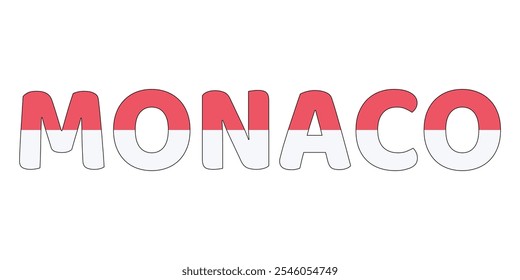 The country name MONACO is displayed in large, bold letters. Each letter is filled with the colors and symbols of the Monegasque flag.