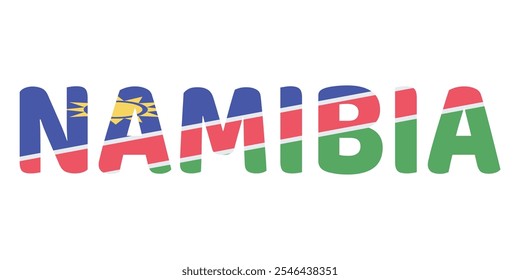 The country name NAMIBIA is displayed in large, bold letters. Each letter is filled with the colors and symbols of the Namibian flag..