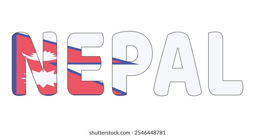 The country name NEPAL is displayed in large, bold letters. Each letter is filled with the colors and symbols of the Nepalese flag.