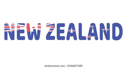 The country name NEW ZEALAND is displayed in large, bold letters. Each letter is filled with the colors and symbols of the New Zealand flag.