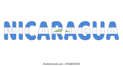 The country name NICARAGUA is displayed in large, bold letters. Each letter is filled with the colors and symbols of the Nicaraguan flag.