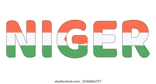 The country name NIGER is displayed in large, bold letters. Each letter is filled with the colors and symbols of the Nigerien flag.