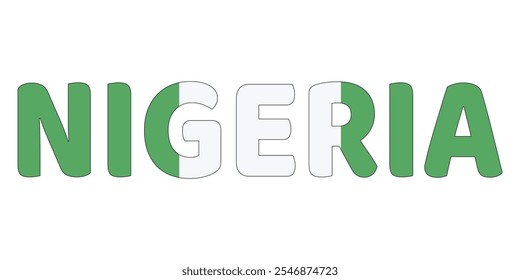 The country name NIGERIA is displayed in large, bold letters. Each letter is filled with the colors and symbols of the Nigerian flag.