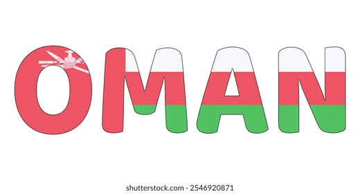 The country name OMAN is displayed in large, bold letters. Each letter is filled with the colors and symbols of the Omani flag.