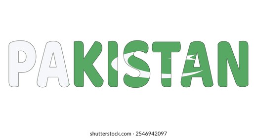 The country name PAKISTAN is displayed in large, bold letters. Each letter is filled with the colors and symbols of the Pakistani flag.