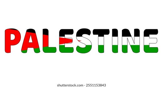 The country name PALESTINE is displayed in large, bold letters. Each letter is filled with the colors and symbols of the Palestinian flag.