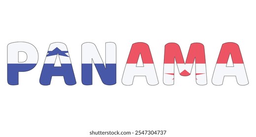 The country name PANAMA is displayed in large, bold letters. Each letter is filled with the colors and symbols of the Panamanian flag.