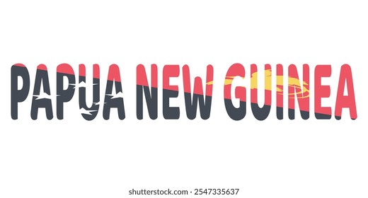 The country name PAPUA NEW GUINEA is displayed in large, bold letters. Each letter is filled with the colors and symbols of the Papua New Guinean flag.