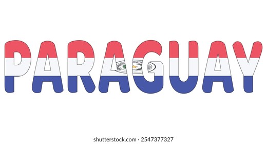 The country name PARAGUAY is displayed in large, bold letters. Each letter is filled with the colors and symbols of the Paraguayan flag.