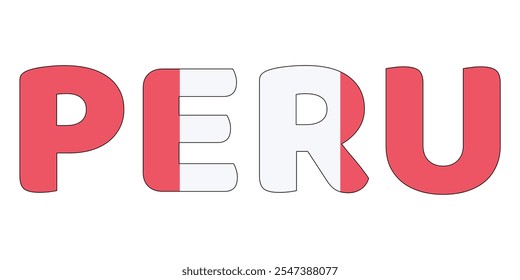 The country name PERU is displayed in large, bold letters. Each letter is filled with the colors and symbols of the Peruvian flag.