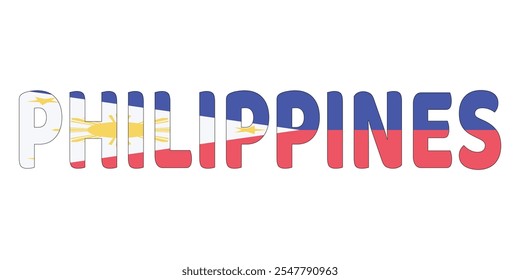 The country name PHILIPPINES is displayed in large, bold letters. Each letter is filled with the colors and symbols of the Philippine flag.