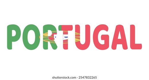 El nombre del país PORTUGAL se muestra en letras Grandes y en negrita. Cada letra está llena de los colores y símbolos de la bandera portuguesa.