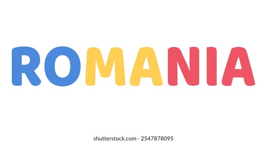 The country name ROMANIA is displayed in large, bold letters. Each letter is filled with the colors and symbols of the Romanian flag.