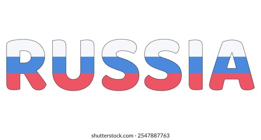 The country name RUSSIA is displayed in large, bold letters. Each letter is filled with the colors and symbols of the Russian flag.