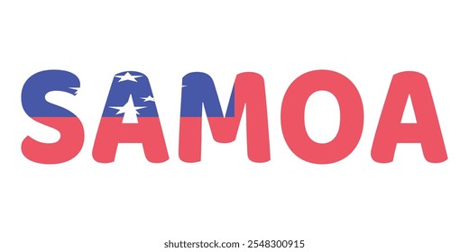 The country name SAMOA is displayed in large, bold letters. Each letter is filled with the colors and symbols of the Samoan flag.