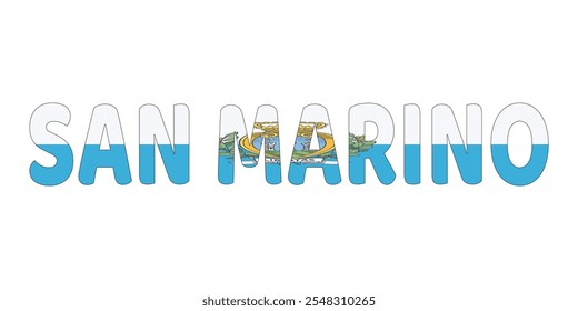 El nombre del país SAN MARINO se muestra en letras Grandes en negrita. Cada letra está llena de los colores y símbolos de la bandera de San Marino.