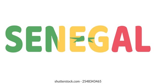 The country name SENEGAL is displayed in large, bold letters. Each letter is filled with the colors and symbols of the Senegalese flag.