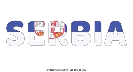 The country name SERBIA is displayed in large, bold letters. Each letter is filled with the colors and symbols of the Serbian flag.