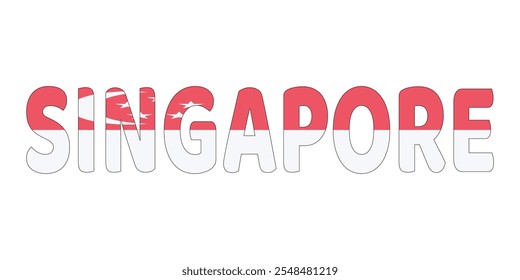 The country name SINGAPORE is displayed in large, bold letters. Each letter is filled with the colors and symbols of the Singaporean flag.