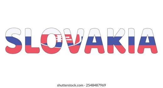 The country name SLOVAKIA is displayed in large, bold letters. Each letter is filled with the colors and symbols of the Slovakian flag.