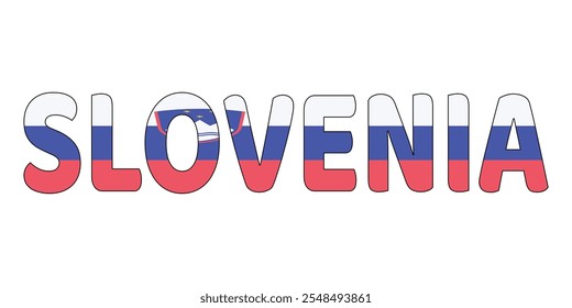 The country name SLOVENIA is displayed in large, bold letters. Each letter is filled with the colors and symbols of the Slovenian flag.