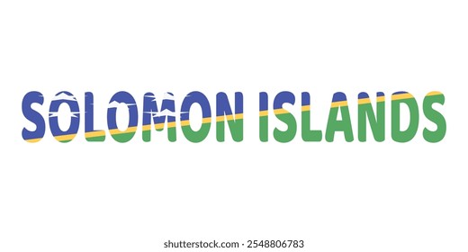 The country name SOLOMON ISLANDS is displayed in large, bold letters. Each letter is filled with the colors and symbols of the Solomon Islands flag.