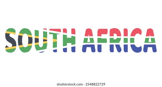 The country name SOUTH AFRICA is displayed in large, bold letters. Each letter is filled with the colors and symbols of the South African flag.