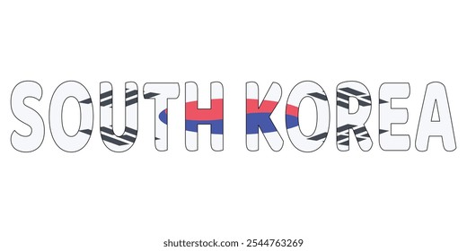 The country name SOUTH KOREA is displayed in large, bold letters. Each letter is filled with the colors and symbols of the South Korean flag.