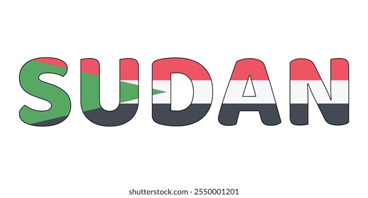 The country name SUDAN is displayed in large, bold letters. Each letter is filled with the colors and symbols of the Sudanese flag.