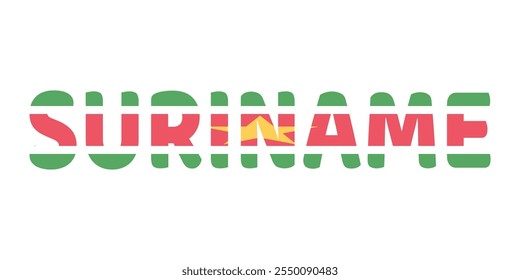 The country name SURINAME is displayed in large, bold letters. Each letter is filled with the colors and symbols of the Surinamese flag.