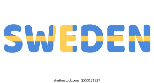 The country name SWEDEN is displayed in large, bold letters. Each letter is filled with the colors and symbols of the Swedish flag.