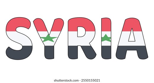 The country name SYRIA is displayed in large, bold letters. Each letter is filled with the colors and symbols of the Syrian flag.