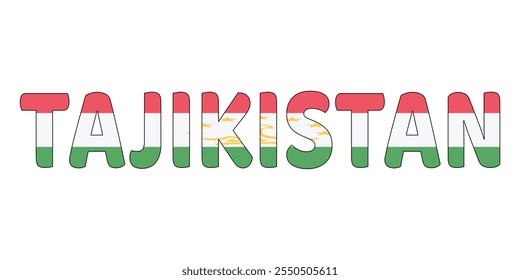 The country name TAJIKISTAN is displayed in large, bold letters. Each letter is filled with the colors and symbols of the Tajikistani flag.